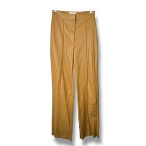 Meshki Tan High Waist Pleated Soft Faux Leather Straight Leg Pants Small